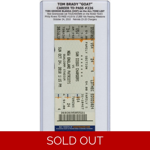 Tom Brady TD#236 TIES GEORGE BLANDA HOF 2010 Chargers Patriots 10/24 Full Ticket